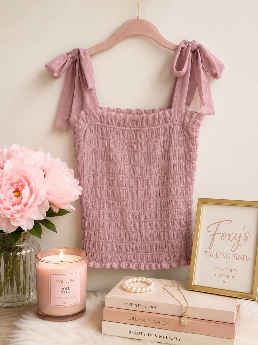 Anthropologie Smocked Tie-Shoulder Tank Top - Dusty Rose